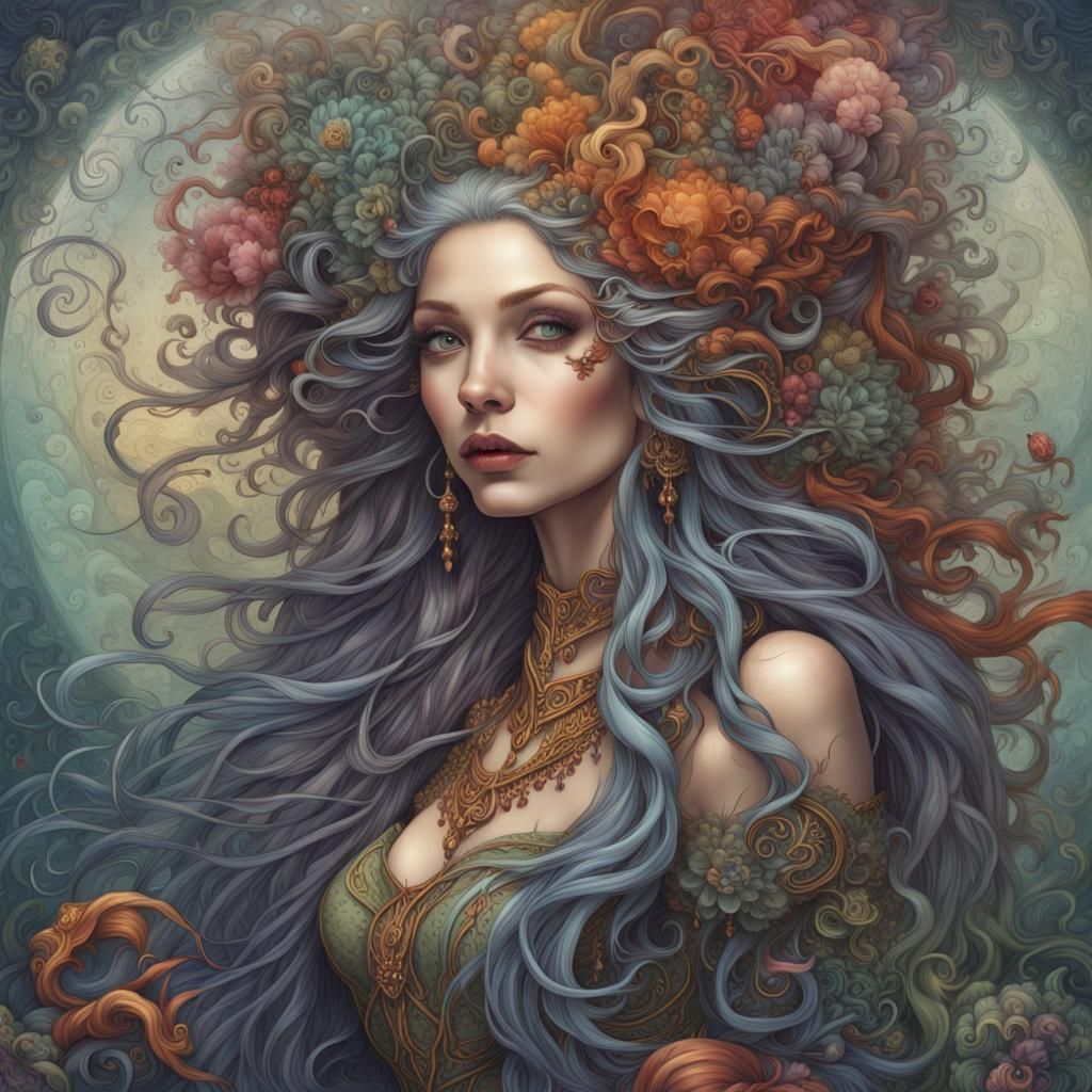 Fantasy Woman with Colorful Hair in Surreal Style