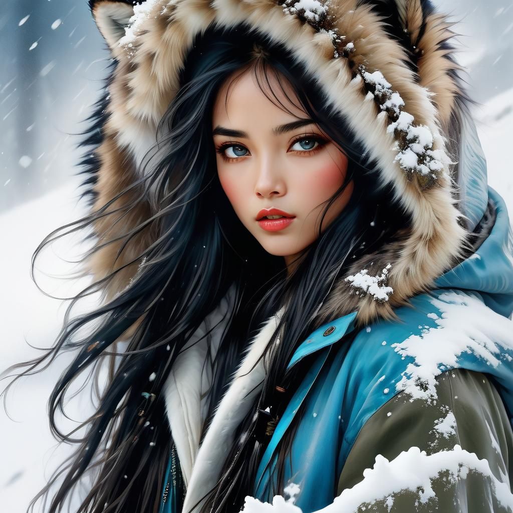 Anime Woman in Snowy Mountain Landscape