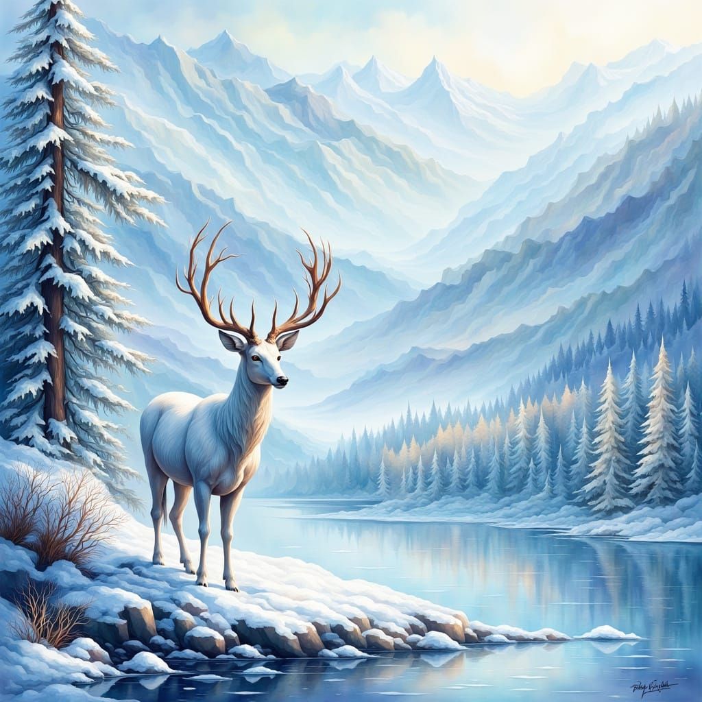 White Stag by Icy River in Winter Landscape