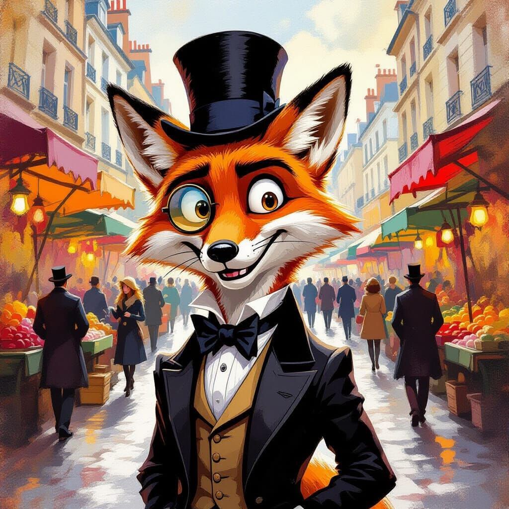 Anthropomorphic Fox in Parisian Market, French Caricature St...