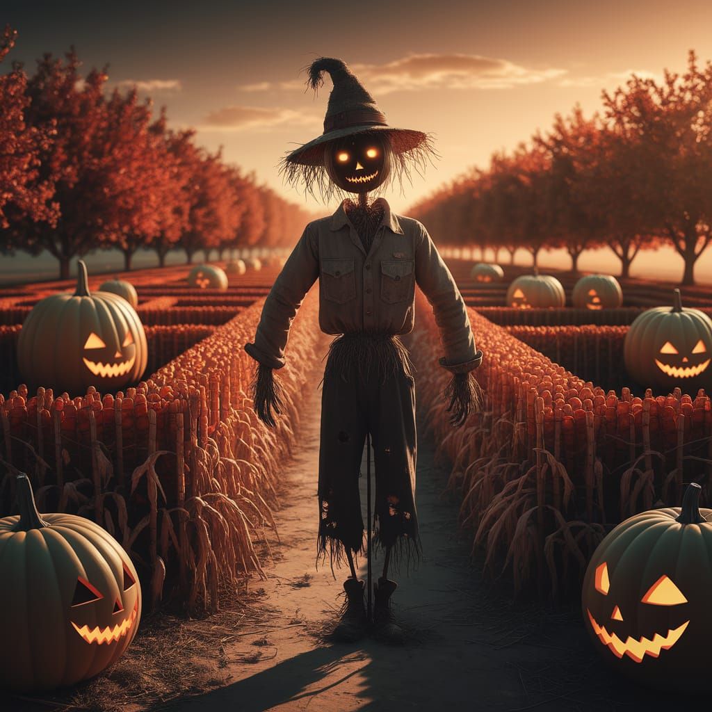 Haunted Scarecrow in Autumn Corn Maze Sunset