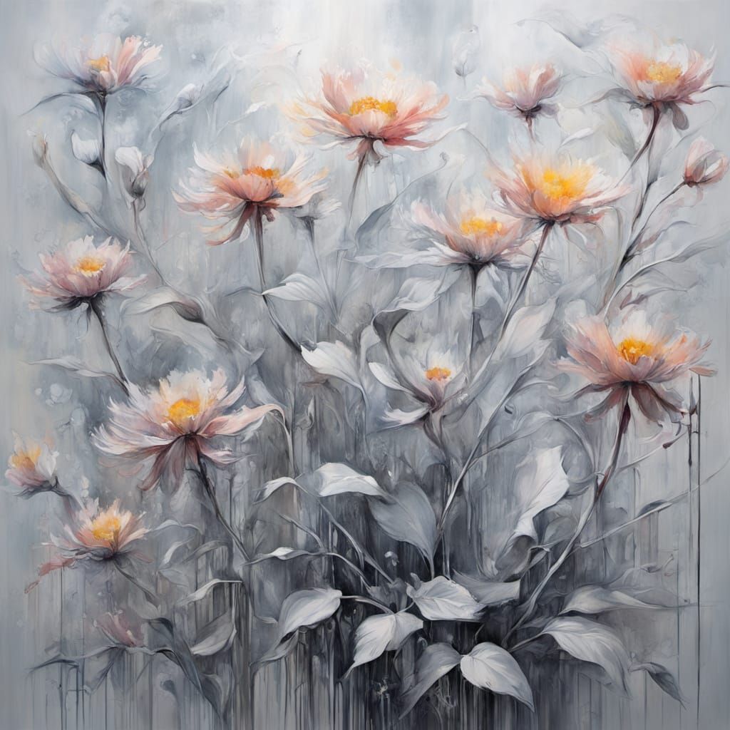 Sunlit Chrome Pastel Floral Painting in Cyberpunk Style