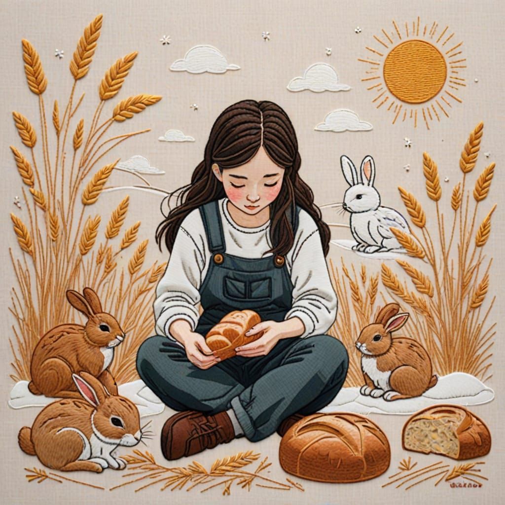 Emotional Embroidery Illustration of Girl with Animals