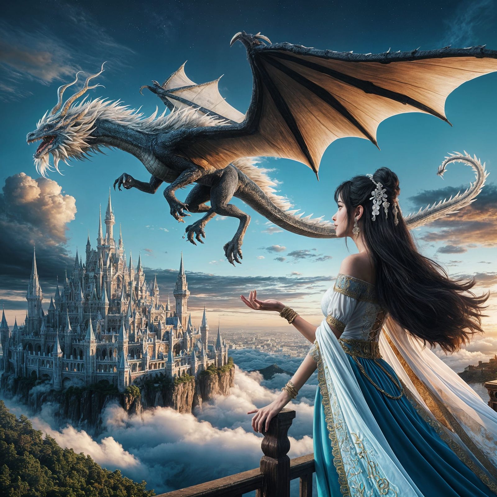 South Asian Princess Stares at Flying Castle and Dragon in S...