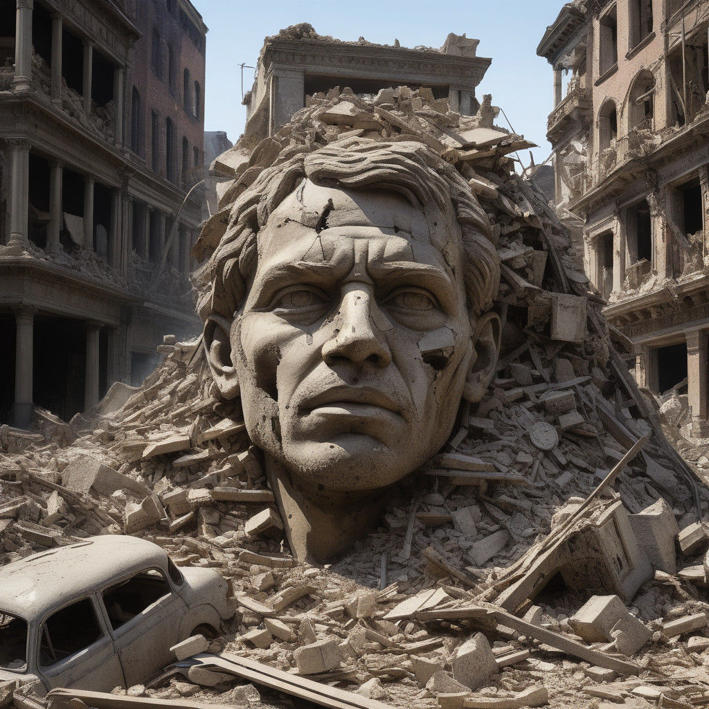 Man Emerges from Ruins in Intricate Cityscape Sculpture