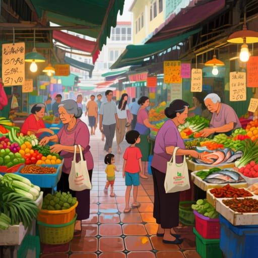 Lively Singapore Market Scene: Street Photography Painting