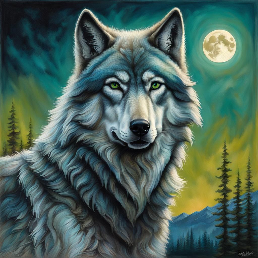 Silver Timber Wolf Howling at the Moon