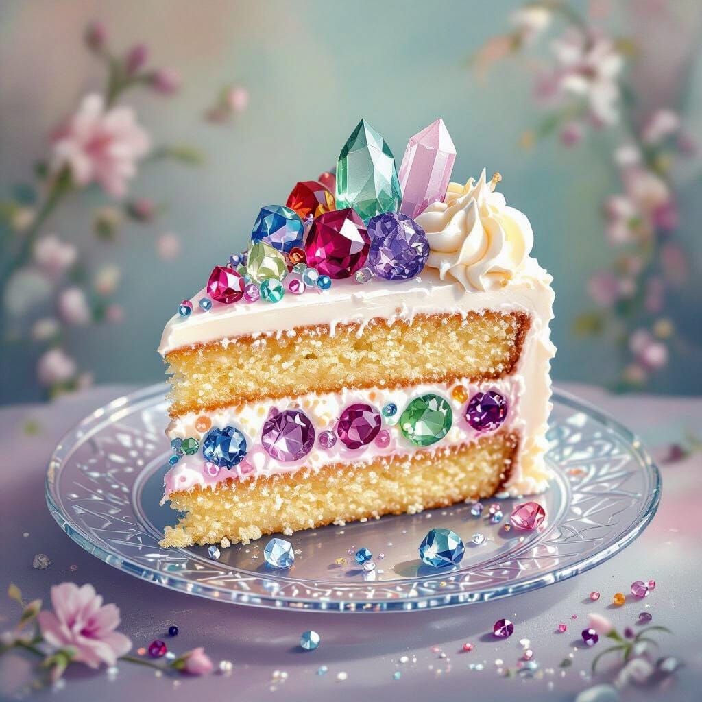 Gemstone Cake Slice in Watercolor Style