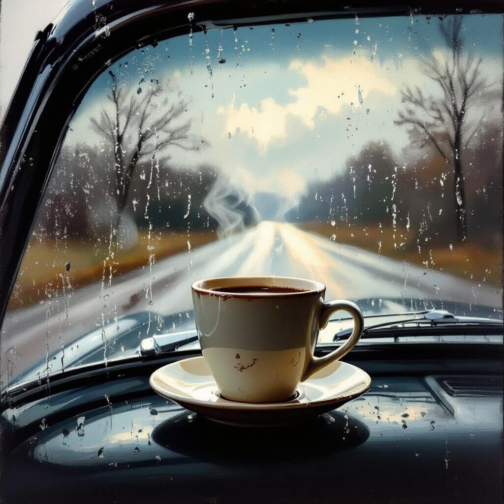 Vintage Coffee Cup in Classic Car Through Rain