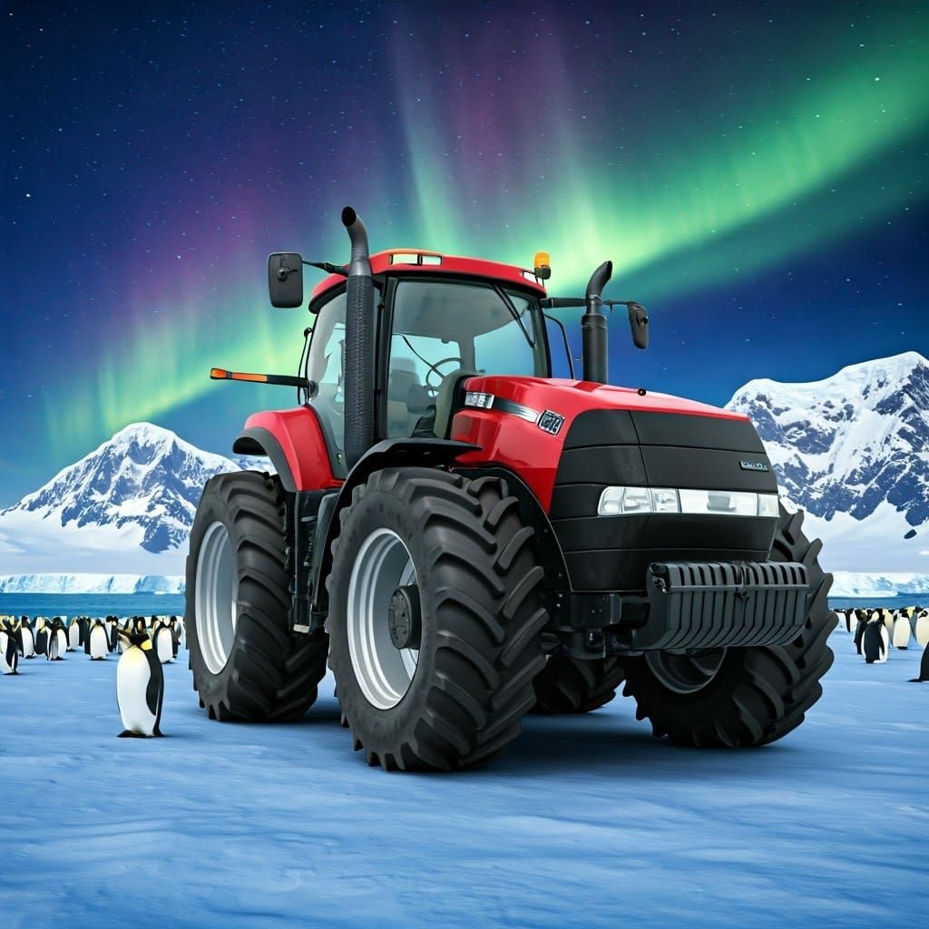 Case IH Tractor and Penguins Under Aurora Australis