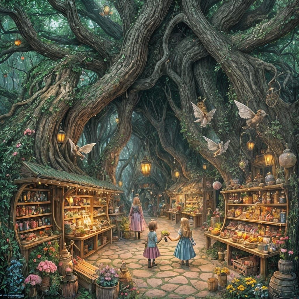 Bustling Fairy Market in Ancient Tree Roots
