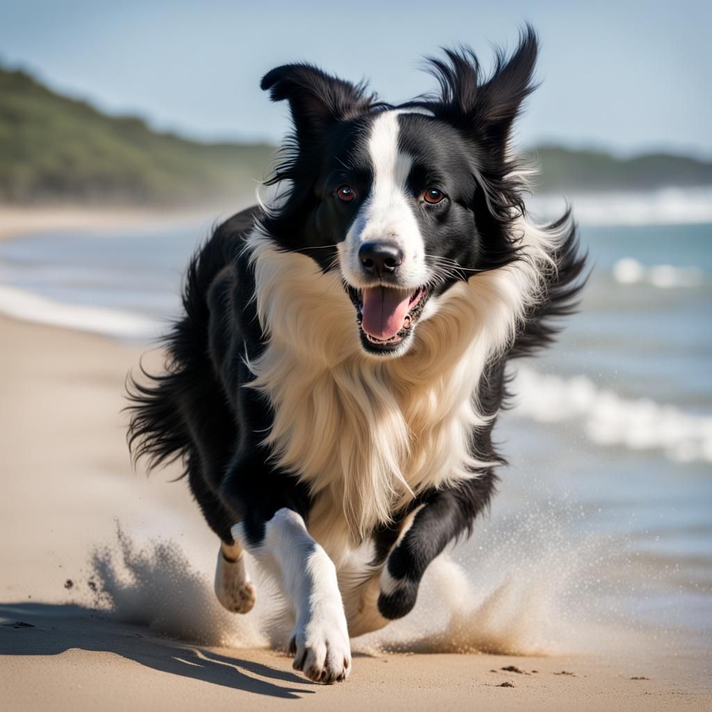 Border Collie Runs on Beach Using Tail as Rudder