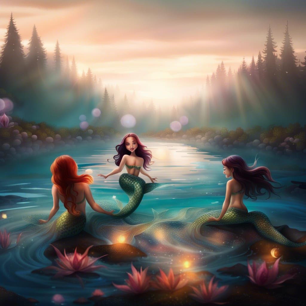 Mermaids Play in a Calm Lake
