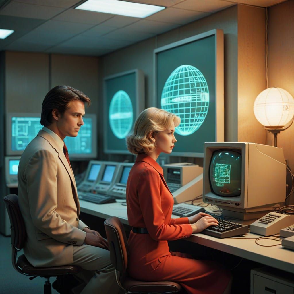 Retrofuturistic Computer Lab Scene in Retro 1980s Style