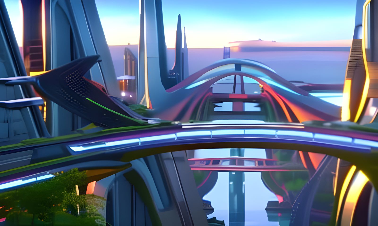 Futuristic Seaport City at Sunrise in Cyberpunk Style