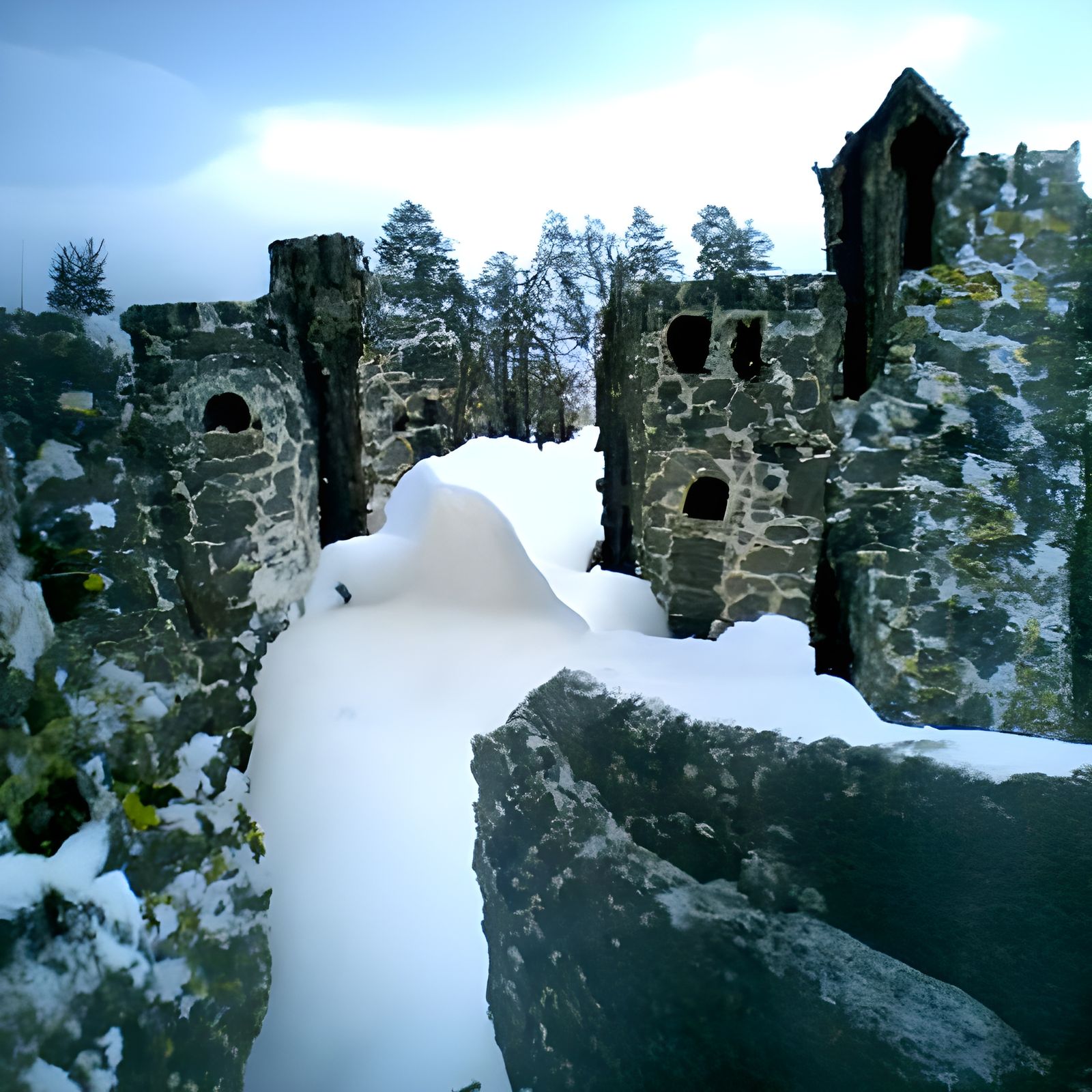 Snowy Castle Ruins in Winter