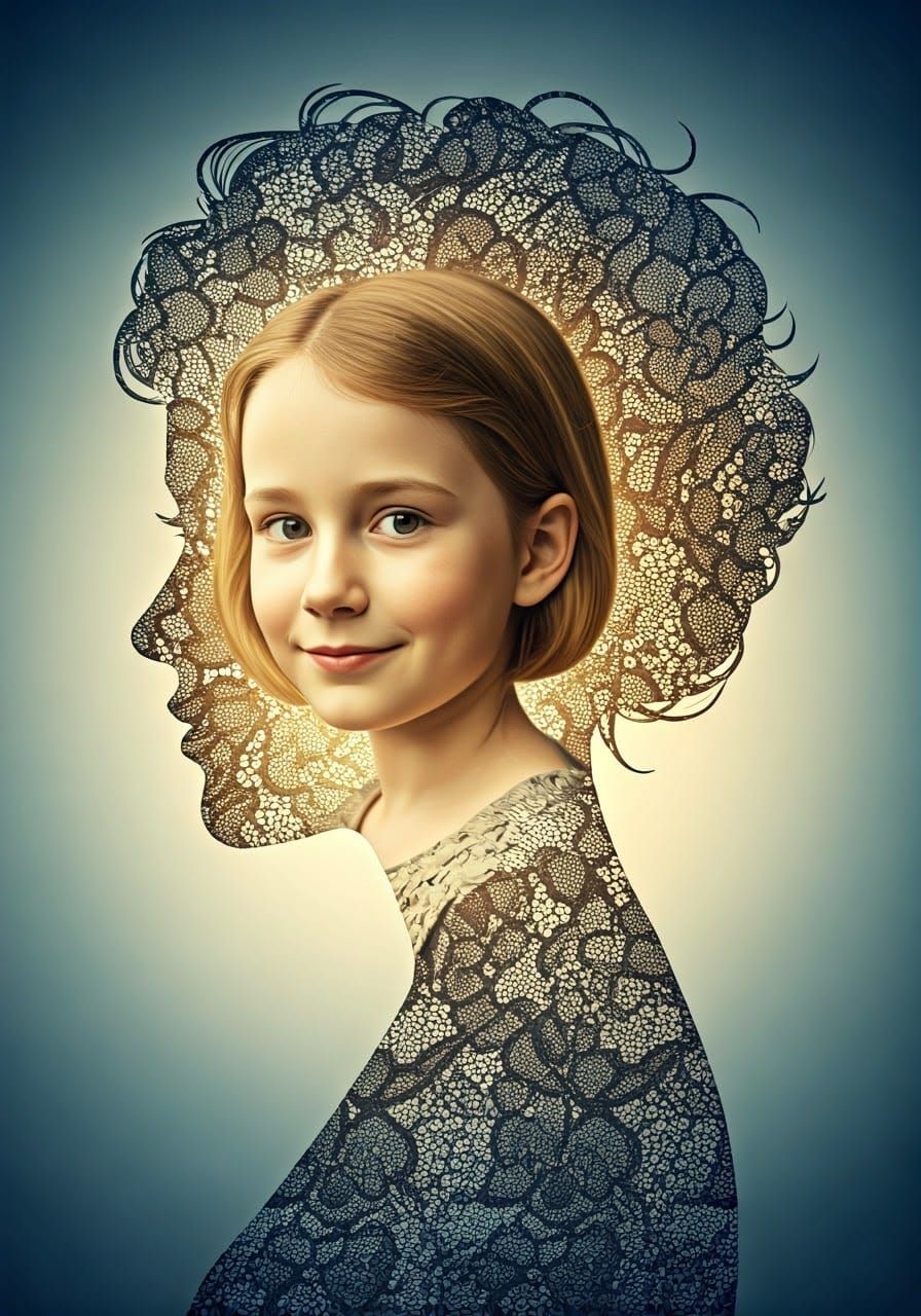 Woman's Head Silhouette with Golden-Lit Photograph of Young ...