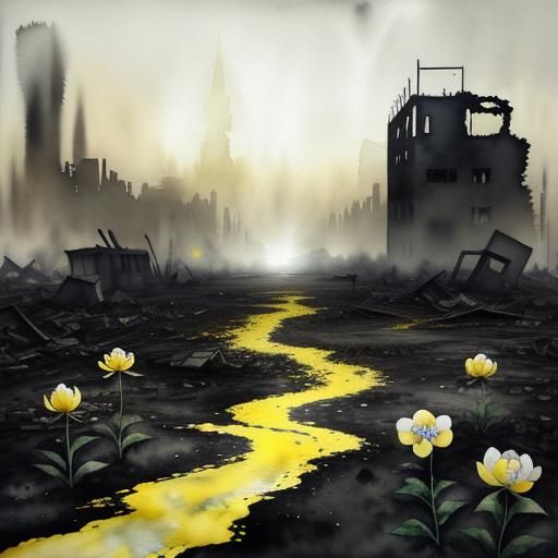 A Desolate Post-Apocalyptic Cityscape with a lone Yellow Flo...