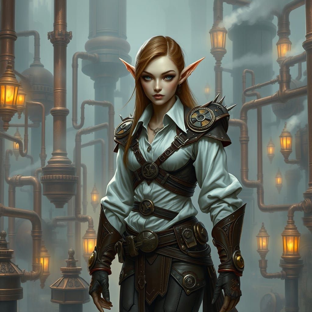 Steampunk Elf in Futuristic Metropolis