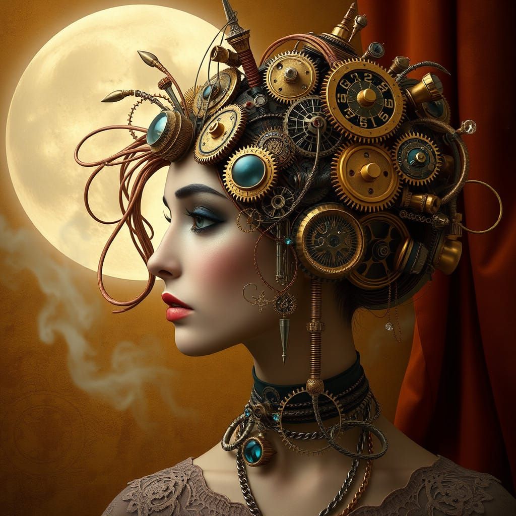 Surreal Steampunk Goddess with Mechanized Hair in Polished B...