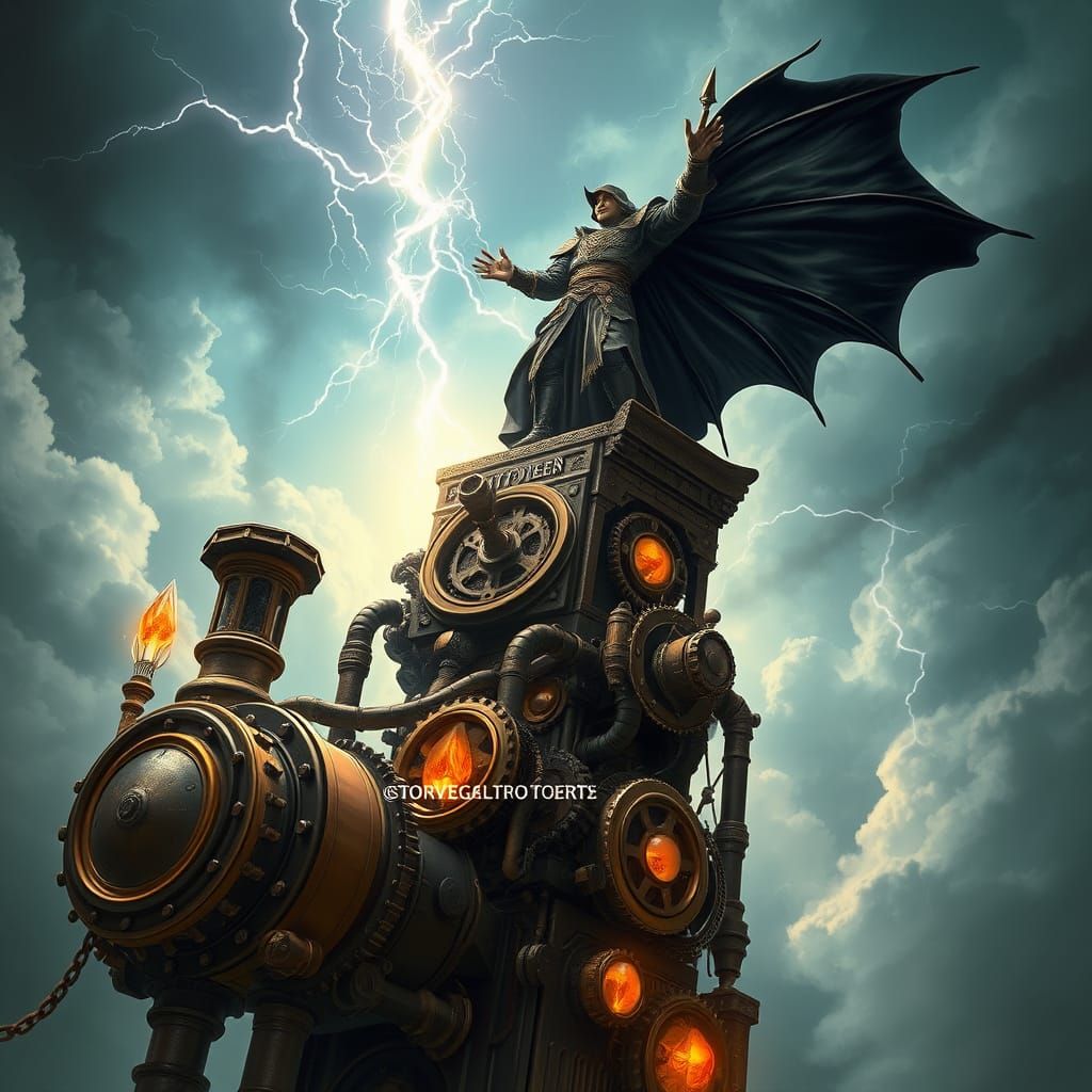 Steampunk Mage Channeling Dark Energy in Storm