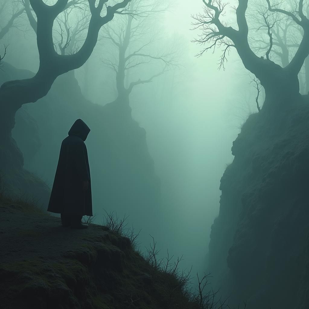 Surreal Hooded Figure in Dreamlike Landscape