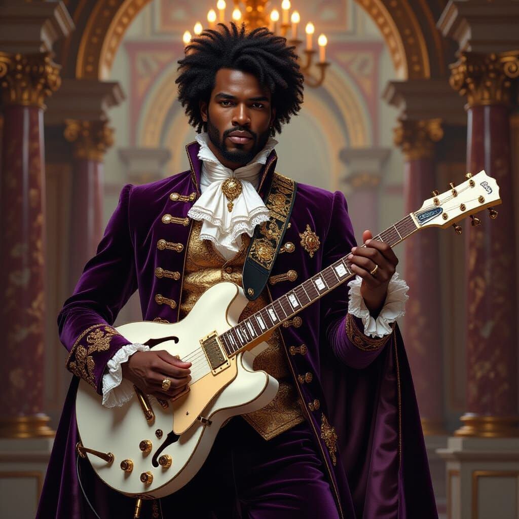 African Man with Electric Guitar in Baroque Setting