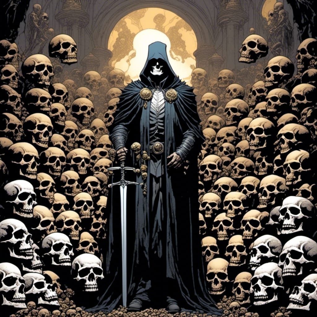 Cleric Before Skulls in Macabre Style