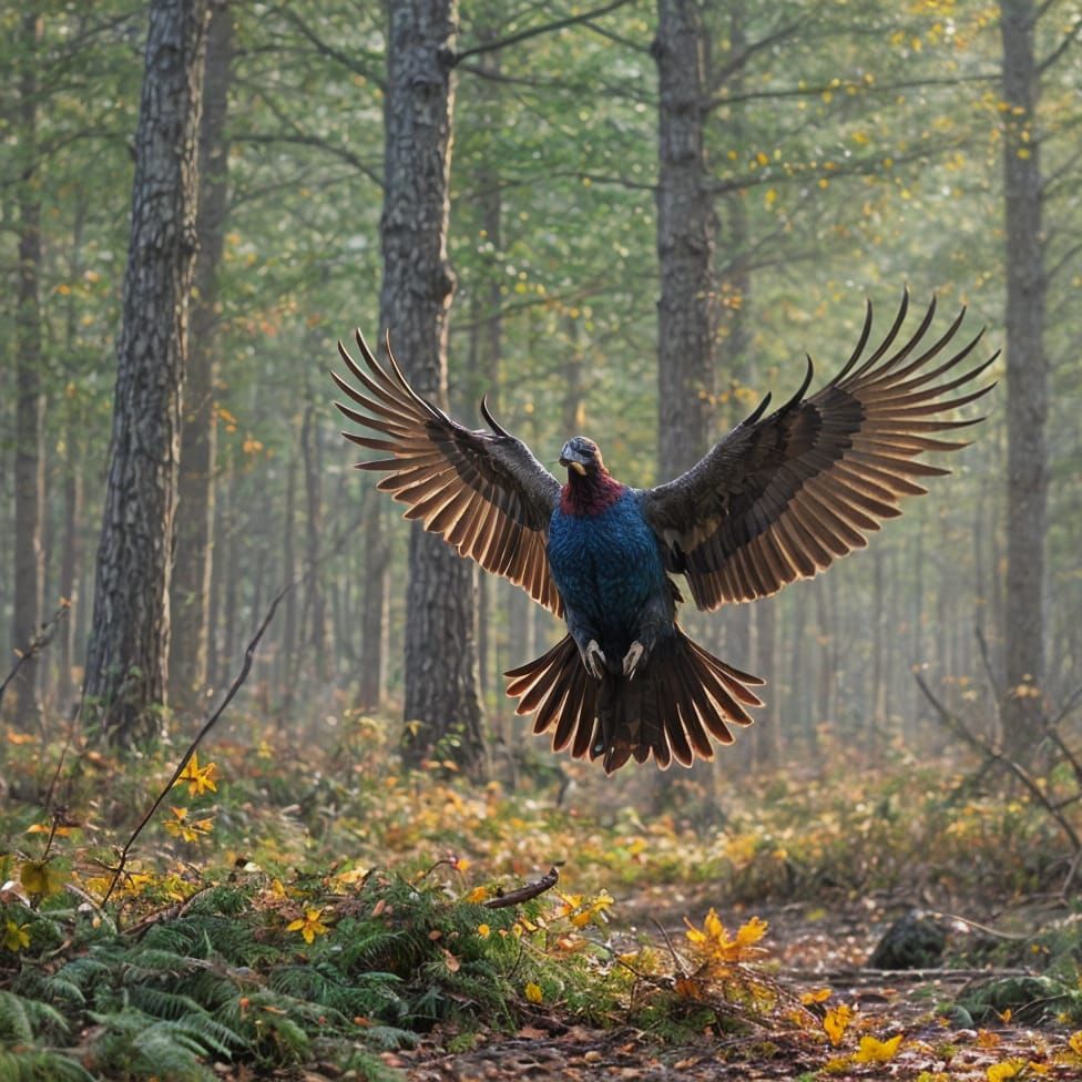 Western Capercaillie Takes Flight in Autumn Forest