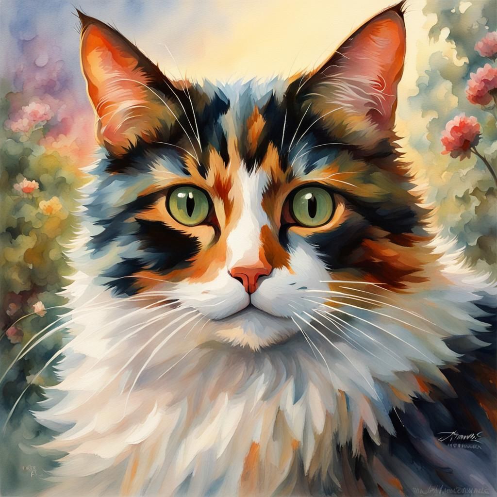 Calico Cat in Impressionist Gouache Watercolor Style