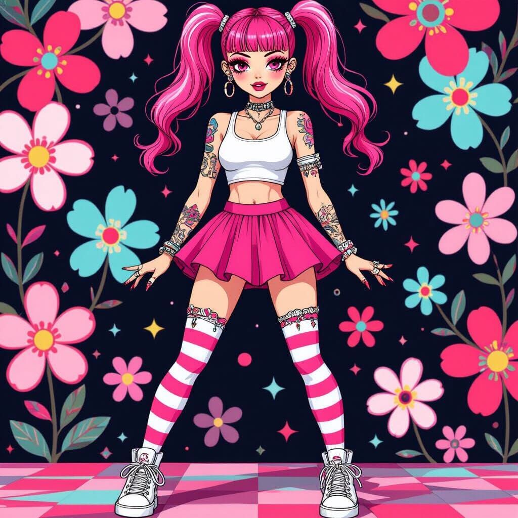 Emo Girl with Pink Hair in Playful Style