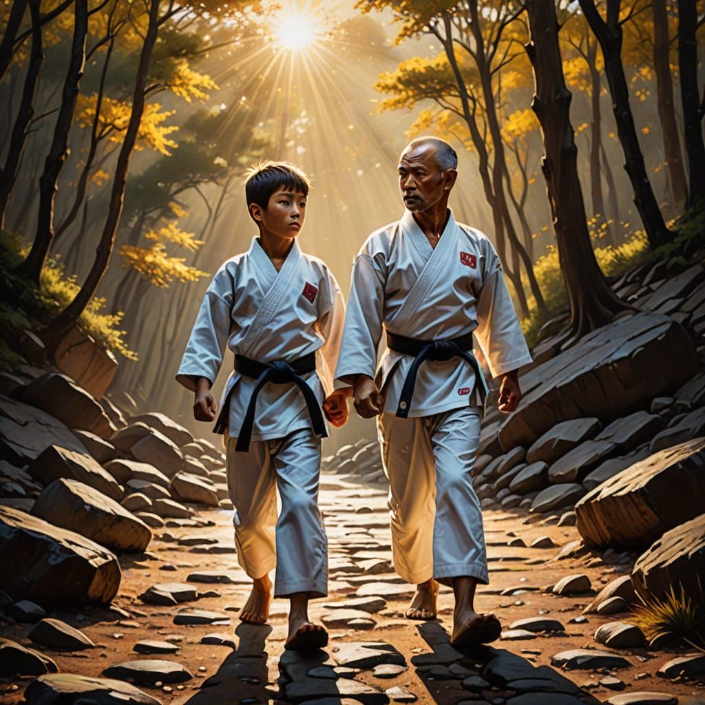 Father and Son Karate Fighters in Vibrant Oil Painting