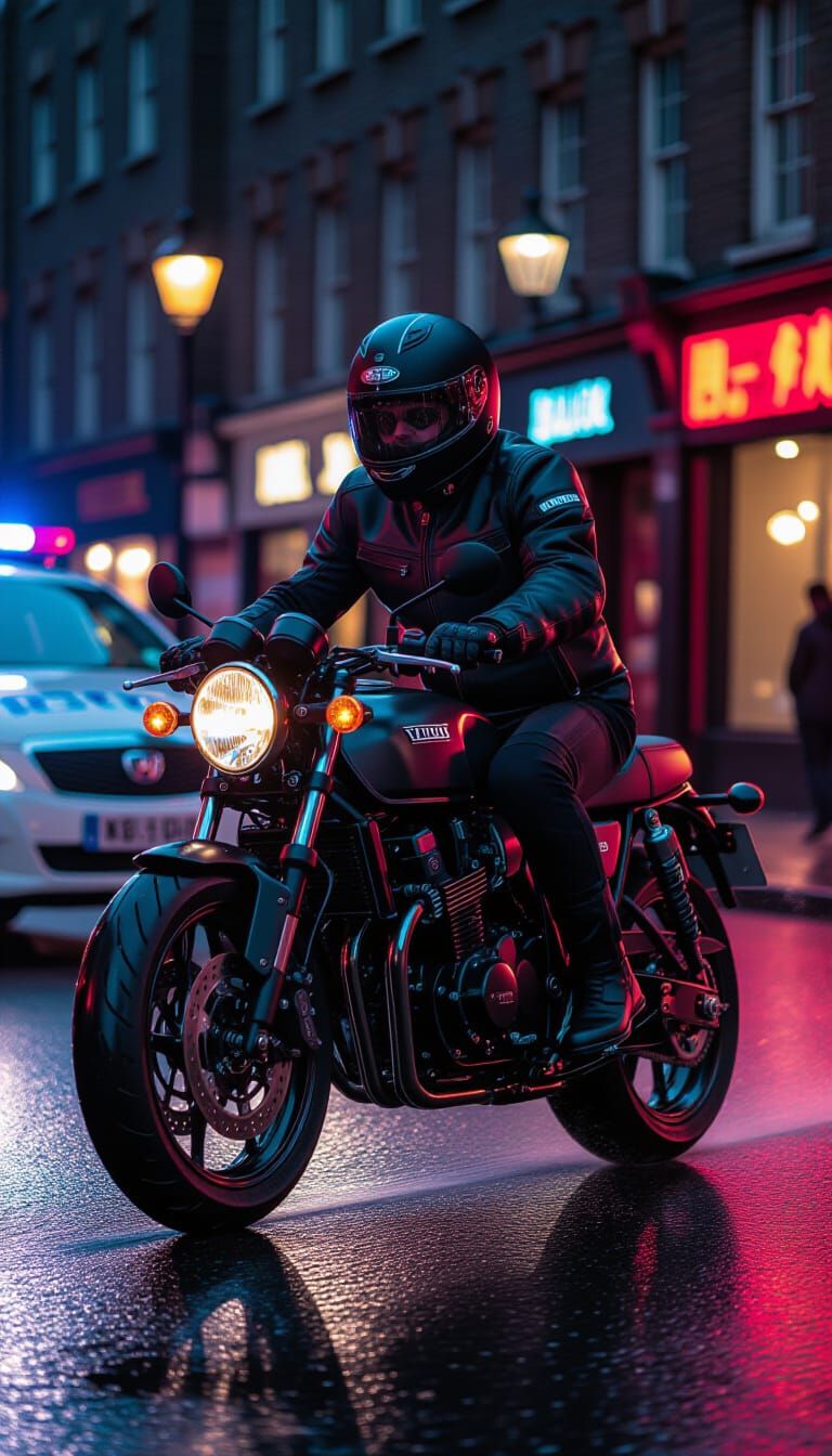 Motorcyclist Wheelie Past Police Car in London
