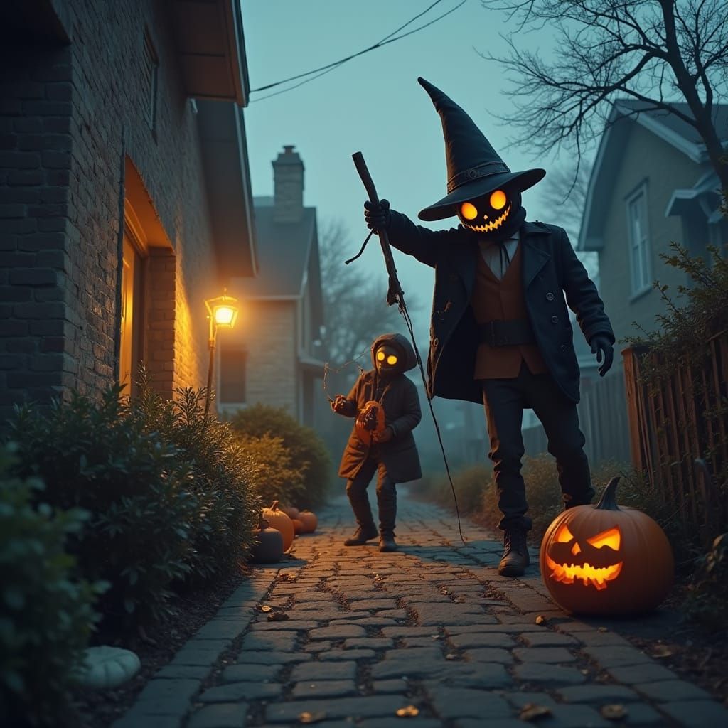Halloween Monsters Trick-or-Treating in Council Estate Scene