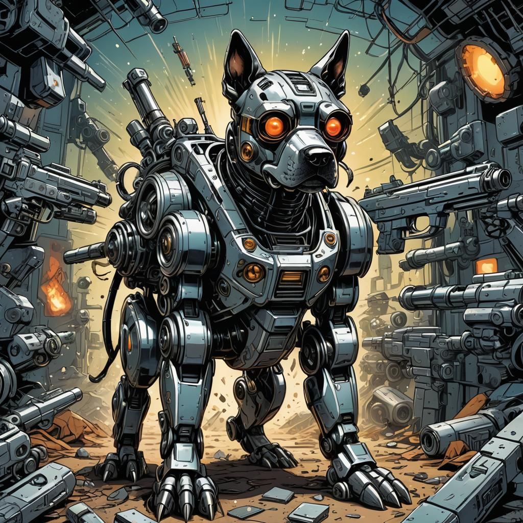 Dog Robot with Gun, Comic Book Art Style