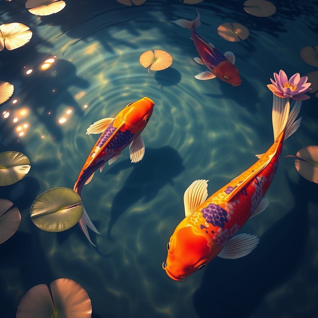 Vibrant Koi Fish Dance in Ukiyo-e Digital Painting