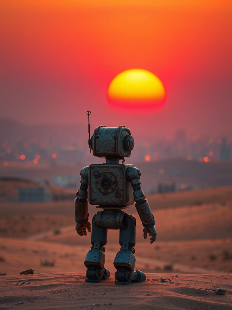 Robot in Desert Cityscape Sunset: Cinematic HDR Render