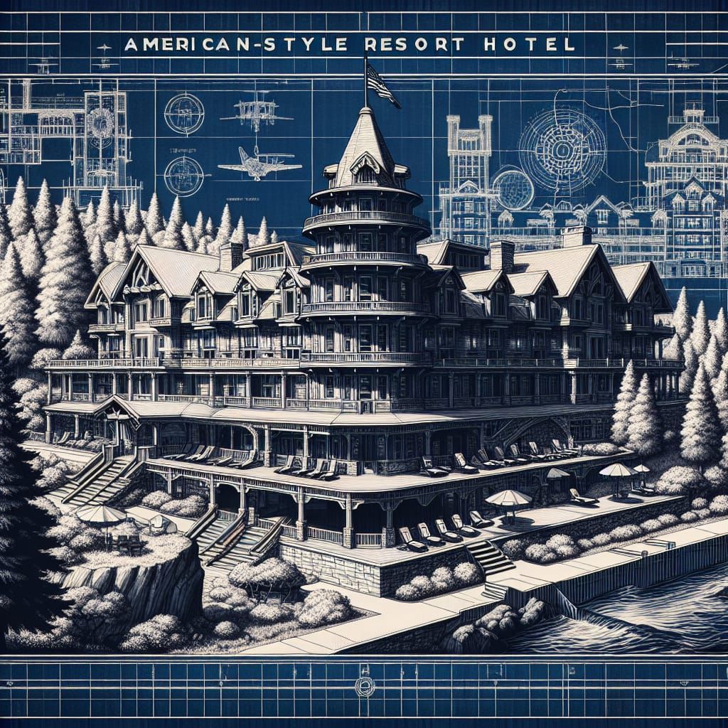 American Resort Hotel Blueprint in Matte Painting Style