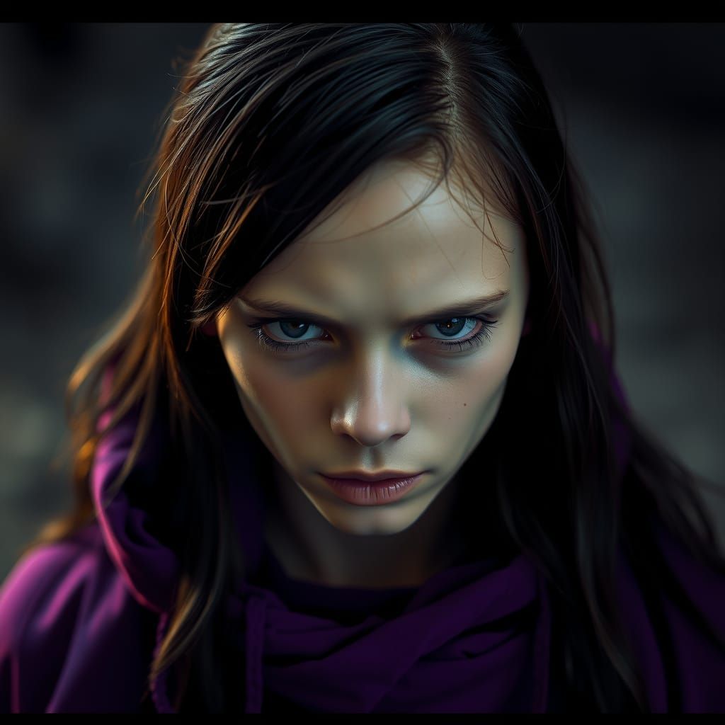 Fierce Beauty with Purple Eyes in Cinematic Style