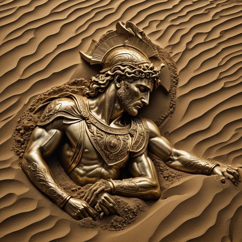 Achilles Asleep on Golden Sand: Hyperrealistic Image