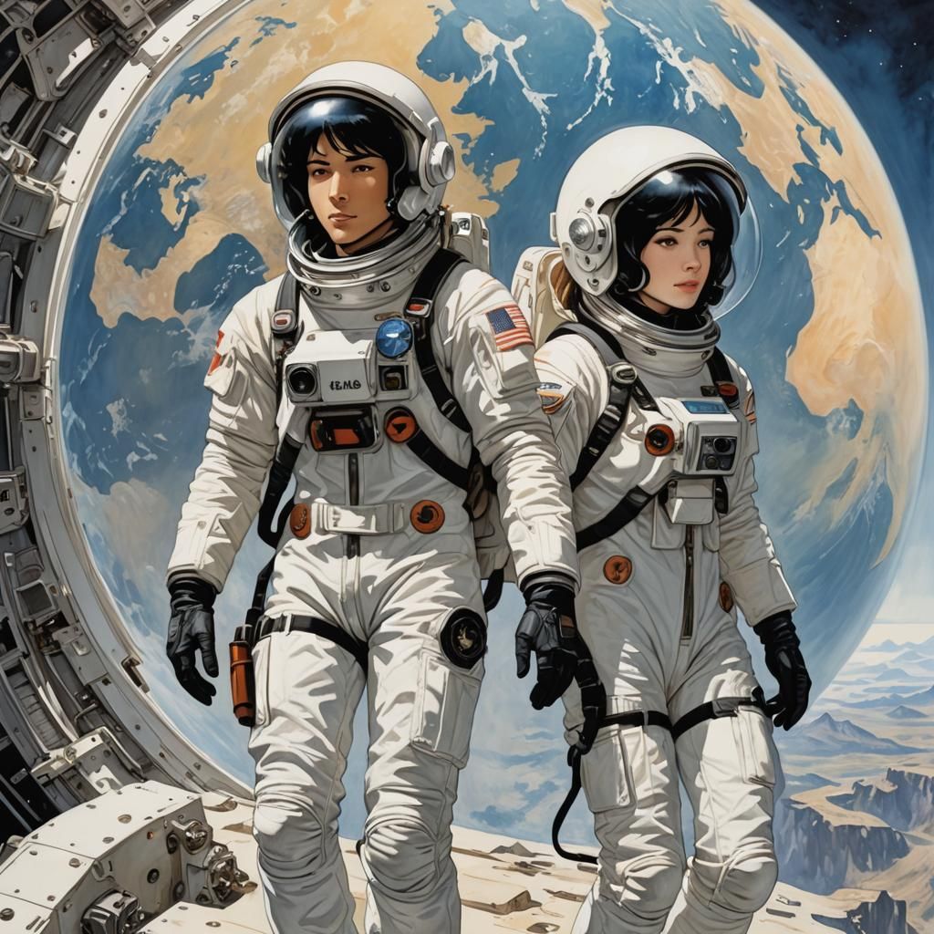 Astronaut Couple Spacewalking with Earth View, Animated Styl...