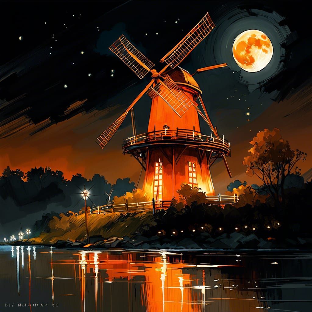"A Windmill" glowing Orange Windmill on the riverbank in front of perfect big glowing luminous orange moon!!!!! starry c...