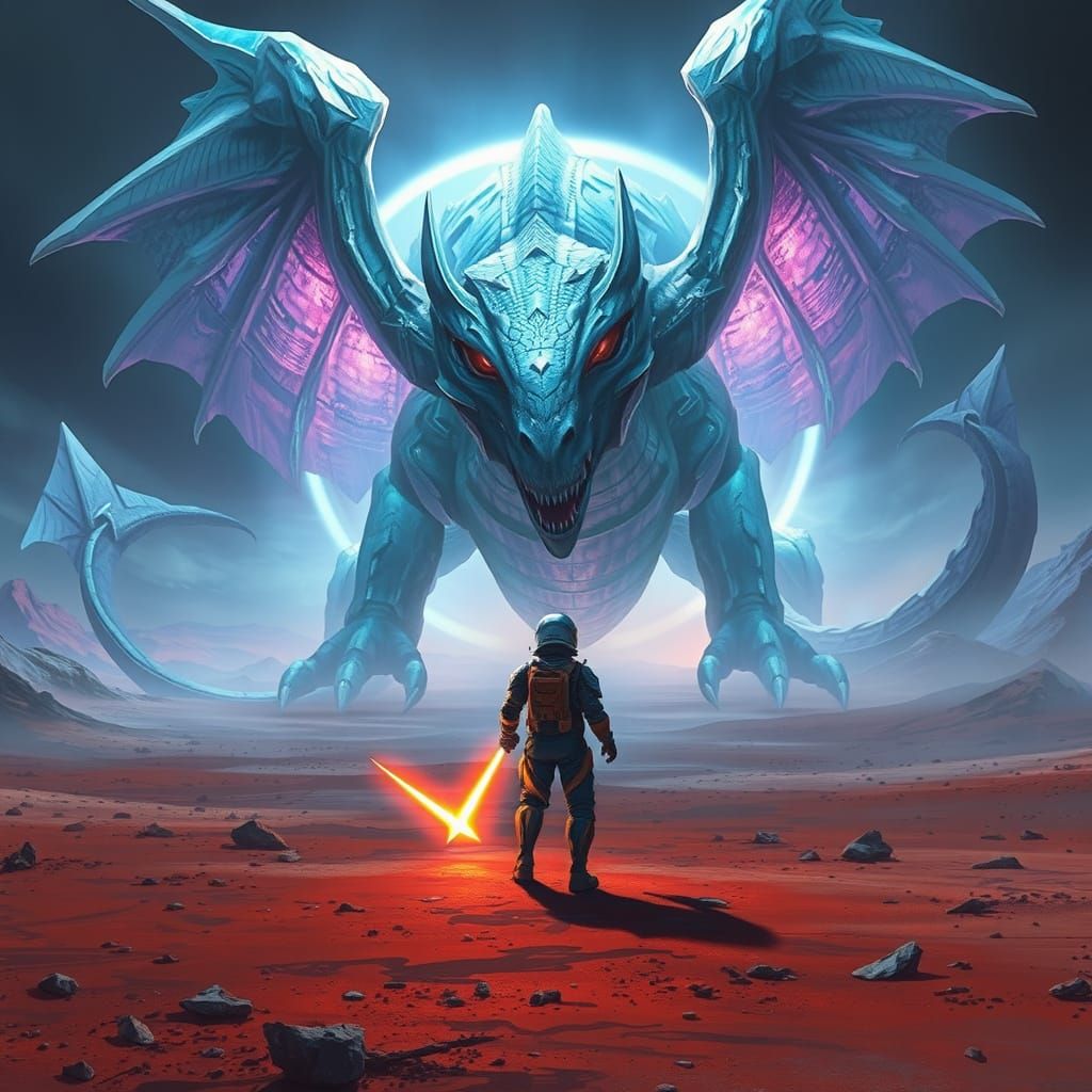 Astronaut Confronts Dragon on Alien Planet