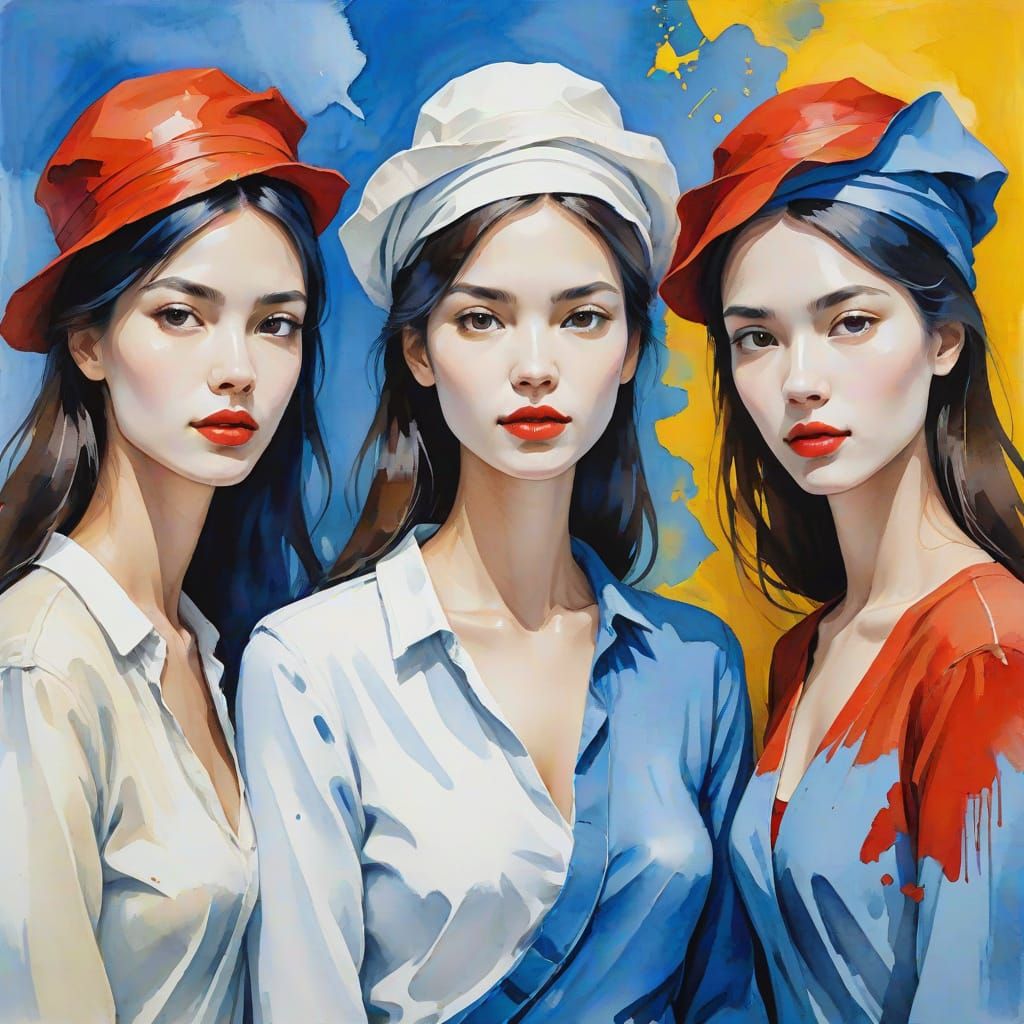 Three Women in Hats: Abstract Impasto Gouache Painting