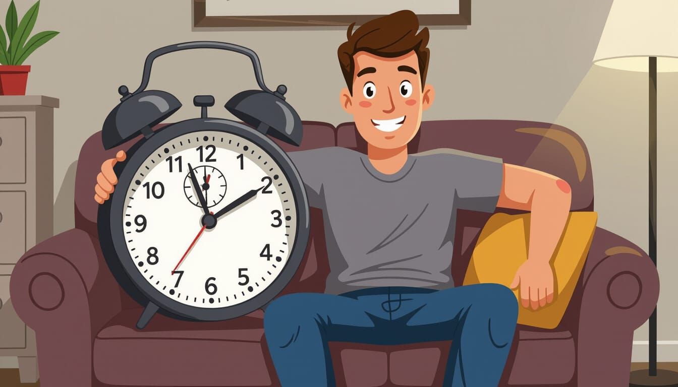 Man and Anthropomorphic Alarm Clock Relaxing on Couch