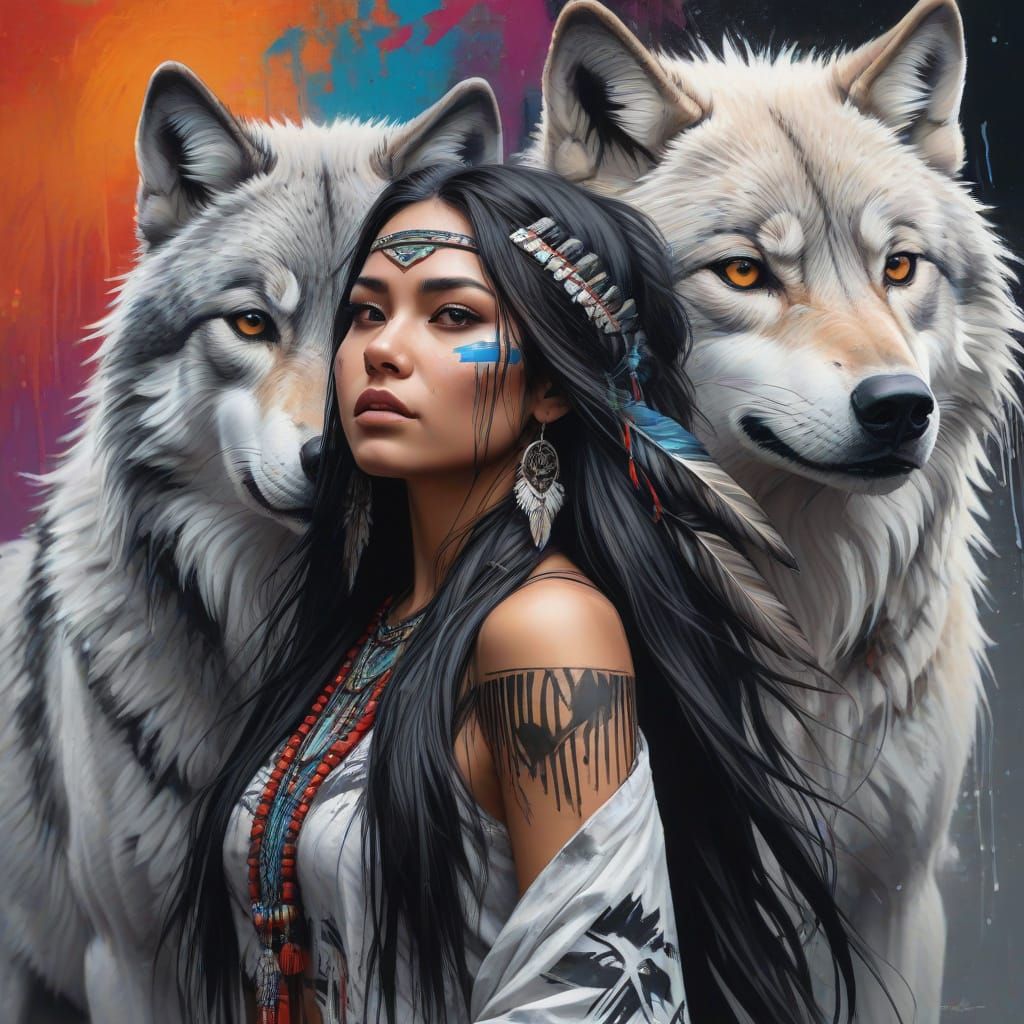 Native American Goddess Unites with Majestic Gray Wolf in Vi...