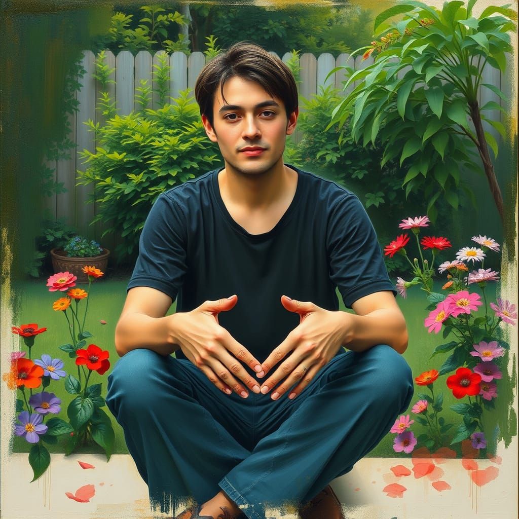 Person with Hurt Hands in Lush Backyard