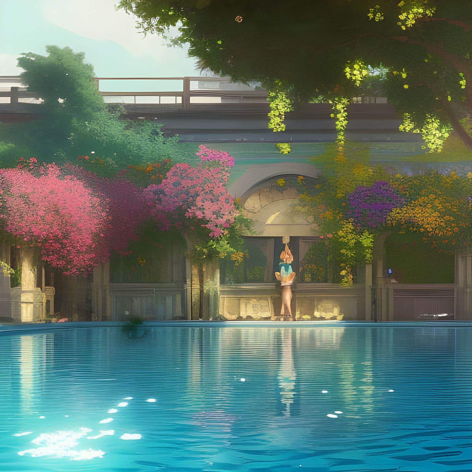 Sunny Swimming Pool with Flowers, Hyperdetailed Concept Art