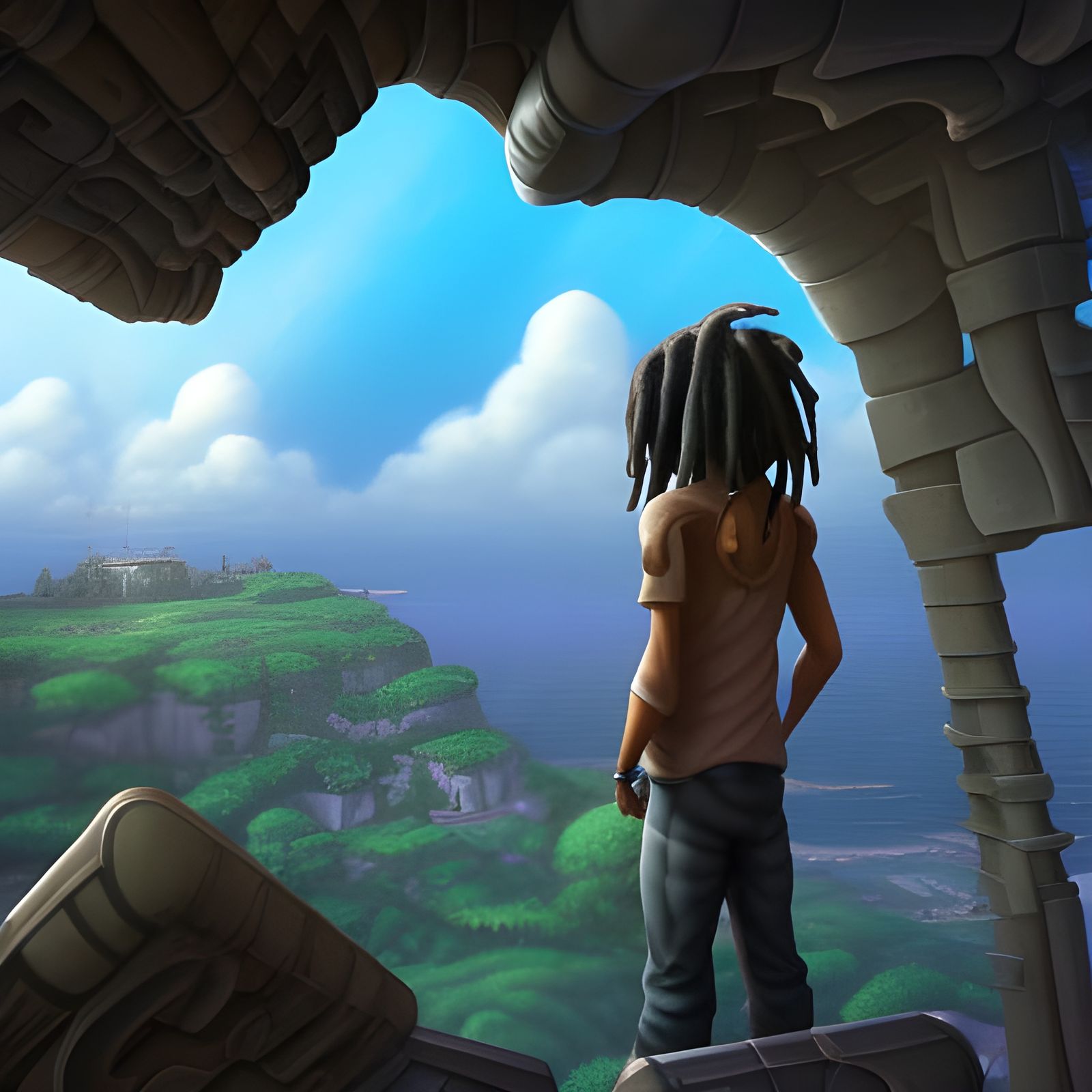 black male teen with dreads looking out over a roof in a fantasy world