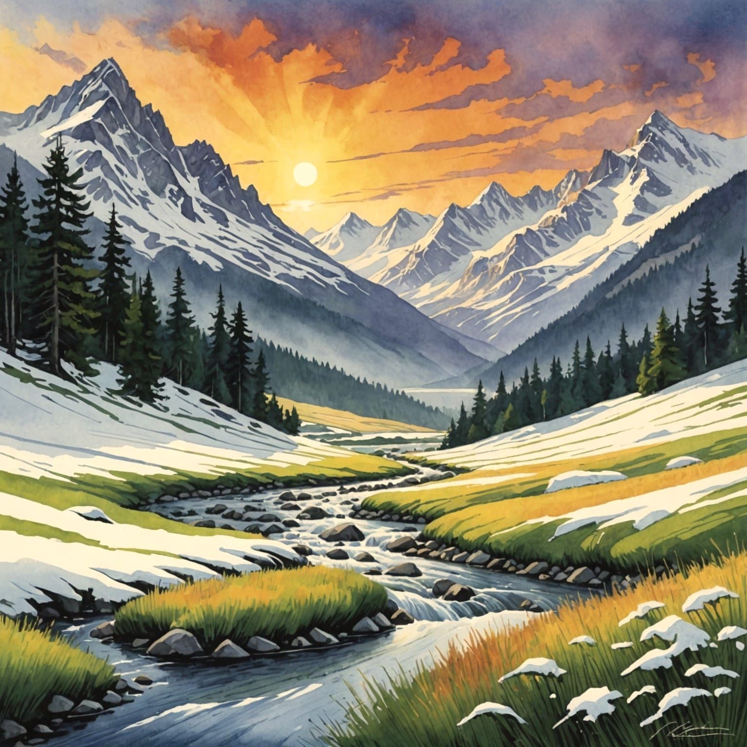 Snowy Mountain Landscape in Fauvist Watercolor Style